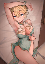 1girl absurdres aqua_eyes arm_up armpits bare_shoulders blonde_hair blue_eyes blush bracelet braid breasts china_dress chinese_clothes cleavage closed_mouth covered_navel dress g36_(girls&#039;_frontline) girls&#039;_frontline green_dress hair_between_eyes highres jewelry large_breasts looking_at_viewer lying no_panties official_alternate_costume on_back on_bed pelvic_curtain presenting_armpit ringobatake sleeveless sleeveless_dress smile solo steam steaming_body sweat thighs