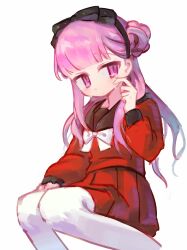 1girl absurdres black_bow black_hairband black_sailor_collar bow bowtie closed_mouth commentary crying crying_with_eyes_open hair_bow hairband hanamisawa highres long_hair pantyhose pink_eyes pink_hair pleated_skirt red_serafuku red_shirt red_skirt sailor_collar school_uniform serafuku shirt simple_background sitting skirt solo symbol-only_commentary tears the_hundred_line_-last_defense_academy- tsukumo_kako white_background white_bow white_bowtie white_pantyhose wiping_tears