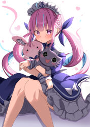 Rule 34 | 1girl, :3, absurdres, ahoge, anchor hat ornament, anchor symbol, aqua hair, aqua nails, blue bow, blue bowtie, blue dress, blue ribbon, blush, bow, bowtie, braid, curly hair, dress, fingernails, hair ribbon, hat ornament, heart, highres, holding, holding stuffed toy, hololive, knees together feet apart, long hair, looking at viewer, maid, maid headdress, minato aqua, minato aqua (1st costume), multicolored hair, nail polish, neko (minato aqua), onji (oma2 4649), open mouth, pink eyes, pink hair, ribbon, short sleeves, sitting, streaked hair, stuffed animal, stuffed rabbit, stuffed toy, thighs, twintails, two-tone hair, virtual youtuber, white background, white bow, white wrist cuffs, wrist cuffs