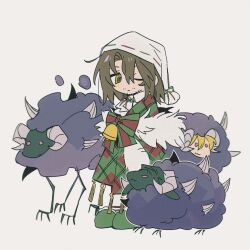 1girl 2boys :3 bell blonde_hair bow bowtie chibi christmas_nightmare_(e.g.o) don_quixote_(project_moon) dreaming_electric_sheep e.g.o_(project_moon) electric_screaming_(e.g.o) full_body green_bow green_bowtie green_slippers gregor_(project_moon) hat horns kurowaka_game limbus_company meursault_(project_moon) multiple_boys nightcap project_moon protected_link purple_eyes sheep_horns short_hair simple_background slippers white_background