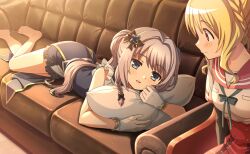 2girls artist_request bare_arms bare_legs bare_shoulders barefoot black_bow black_sleeves blonde_hair blouse blue_bow blue_bowtie blue_eyes blue_flower blue_gemstone blue_rose blue_skirt blue_vest bow bow_skirt bowtie braid breast_pocket buttons closed_mouth collared_vest colored_skin couch cowboy_shot cross_hair_ornament dot_nose eyelashes feet flower frilled_shirt frilled_skirt frills full_body game_cg gem gloves grey_hair hair_bow hair_bun hair_flower hair_ornament hair_spread_out half_up_half_down_braid happy high-waist_skirt highres holding holding_pillow indoors kamihama_university_affiliated_school_uniform layered_sleeves light_blush light_particles living_room long_hair long_sleeves looking_at_another low_ponytail lying magia_record:_mahou_shoujo_madoka_magica_gaiden magical_girl mahou_shoujo_madoka_magica mahou_shoujo_madoka_magica_magia_exedra multicolored_skin multiple_girls no_shoes official_art on_couch on_stomach open_mouth pillow pink_eyes plaid_clothes plaid_skirt pocket ponytail red_sailor_collar red_skirt rose sailor_collar school_uniform shirt short_over_long_sleeves short_sleeves side_braid single_braid single_side_bun sitting skirt sleeveless sleeveless_shirt smile sunset tareme third-party_source toes togame_momoko two-tone_skin very_long_hair vest wavy_hair white_gloves white_shirt white_skirt yakumo_mitama