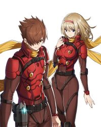1boy 1girl blonde_hair bodysuit breasts brown_eyes brown_hair closed_mouth cyborg cyborg_009 francoise_arnoul gun hair_over_one_eye hairband long_hair looking_at_viewer official_art saitou_masatsugu scarf shimamura_joe simple_background weapon white_background yellow_scarf