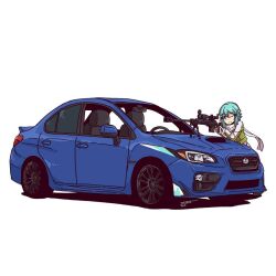 1girl against_vehicle aiming anti-materiel_rifle aqua_eyes aqua_hair bipod bolt_action car closed_mouth commentary english_commentary green_jacket gun jacket jestami long_sleeves medium_hair motor_vehicle one_eye_closed pgm_hecate_ii rifle scarf scope simple_background sinon sniper_rifle solo sports_car subaru_(brand) subaru_wrx sword_art_online vehicle_focus weapon white_background white_scarf