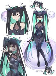 1girl absurdres aqua_hair black_bodysuit bodysuit breasts bubble cleavage colored_inner_hair covered_navel doro_(nikke) goddess_of_victory:_nikke hair_intakes highres little_mermaid_(nikke) multicolored_hair omeme_mememe see-through_bodysuit see-through_cleavage see-through_clothes shiny_eyes solo