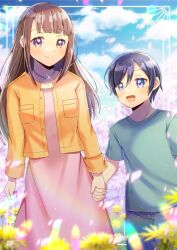 1boy 1girl :d black_hair blue_eyes blue_sky blurry blurry_foreground blush brown_hair cloud commentary_request commission day depth_of_field dress flower green_shirt grey_pants hair_between_eyes hetero holding_hands jacket kou_hiyoyo long_hair open_clothes open_jacket open_mouth orange_jacket original outdoors pants pink_dress purple_eyes shirt skeb_commission sky smile swept_bangs tree very_long_hair yellow_flower