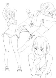 Rule 34 | 1girl, ^ ^, ass, back, bikini, breasts, cleavage, closed eyes, cowboy shot, finger to mouth, full body, lineart, lotion, lying, medium breasts, monochrome, multiple views, navel, on stomach, original, profile, ryuuta (msxtr), sandals, short hair, side-tie bikini bottom, smile, striped bikini, striped clothes, sunscreen, swimsuit