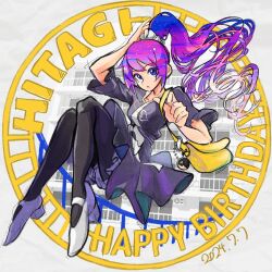 1girl araragi_koyomi arm_up bag bakemonogatari black_pantyhose blue_eyes breasts character_charm character_name charm_(object) dated dress full_body goffstager grey_background hair_ornament hair_scrunchie happy_birthday high_heels highres holding invisible_chair knees_together_feet_apart knees_up looking_at_viewer medium_breasts monogatari_(series) official_alternate_costume official_alternate_hairstyle pantyhose ponytail purple_dress purple_hair scrunchie senjougahara_hitagi shoes short_dress shoulder_bag sidelocks sitting sketch solo white_shoes