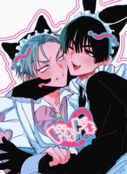 Rule 34 | 2boys, absurdres, alien stage, alternate costume, animal ears, apron, arm around shoulder, black dress, black gloves, black hair, blue eyes, blue hair, brown eyes, cat ears, cheek-to-cheek, collared shirt, commentary request, crossdressing, crossdressing (mtf), dress, enmaided, fang, gloves, hair between eyes, hand on another&#039;s arm, hand on another&#039;s face, heads together, heart, highres, ivan (alien stage), looking to the side, maid, maid apron, male focus, male maid, multiple boys, one eye closed, open mouth, r9 p5p, rabbit ears, sanpaku, shirt, short hair, sideways glance, sleeve cuffs, teeth, till (alien stage), tongue, upper body, upper teeth only, white apron, white background, wing collar, yaoi