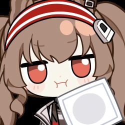 1girl angelina_(arknights) animal_ears animated animated_gif arknights black_choker blush brown_hair chinese_commentary choker cleaning_rag coat commentary_request dot_nose earpiece fourth_wall fox_ears hair_between_eyes hairband infection_monitor_(arknights) jacket looking_at_viewer lowres material_growth no_pupils open_clothes open_coat open_jacket oripathy_lesion_(arknights) pout red_eyes red_hairband red_jacket skland_1530589596514 solo striped_clothes striped_hairband transparent_background twintails two-tone_hairband upper_body white_coat