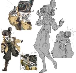 1girl belt blonde_hair boots brown_boots buttons crank full_body ing_(ing205509) jacket loggerhead_(reverse:1999) metal_skin movie_camera pocket pointing reverse:1999 shirt smile sweat white_background white_shirt yellow_jacket