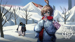 Rule 34 | 1girl, amiya (arknights), animal ears, anniversary, arknights, bare tree, bird, blue eyes, brown hair, cape, cellphone, coat, hair between eyes, highres, holding, holding phone, jiuri jiuhao, long sleeves, looking at viewer, outdoors, penguin, phone, rabbit ears, red cape, smartphone, smile, snow, tree, wide shot, winter, winter clothes