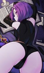 1girl adversarial_noise ass black_feathers black_leotard book candle colored_skin dc_comics elbow_gloves feathers fingerless_gloves forehead_jewel gloves grey_skin highres leotard looking_at_viewer looking_back purple_eyes purple_hair raven_(dc) short_hair solo sunset_nivaris teen_titans thigh_gap thighs