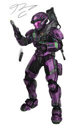 1girl absurdres armor battle_rifle bullpup commentary commission english_commentary gun halo:_reach halo_(series) handgun helmet highres looking_down m392_marksman m6d pickledgear pistol power_armor profanity reloading rifle science_fiction solo spartan_(halo) transparent_background weapon weapon_on_back white_background