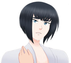black_hair blue_eyes bob_cut close-up commentary crying english_commentary hand_on_another highres jakuzure_nonon karinakamichi kill_la_kill kiryuuin_satsuki out_of_frame portrait yuri