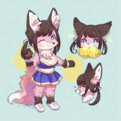 3girls animal_ear_fluff animal_ears armlet blue_eyes breasts brown_fur cheerleader closed_mouth disembodied_head fluff from_side furry furry_female jewelry looking_at_viewer medium_breasts multiple_girls navel one_eye_closed open_mouth original pink_fur pom_pom_(cheerleading) shimabo short_hair simple_background skirt standing tail tongue tongue_out twintails