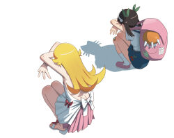 2girls arms_up back_bow back_peek backless_dress backless_outfit backpack bag bare_arms blonde_hair blue_skirt bow brown_hair cat_shadow_puppet cherry_print commentary crossed_arms double_w dress english_commentary facing_away flipped_hair food_print footwear_bow from_above fruit_print green_bow hachikuji_mayoi hair_bow hairband highres long_hair meme miniskirt monogatari_(series) multiple_girls no_shadow oshino_shinobu photo-referenced pink_bag pink_shoes pink_skirt pleated_skirt print_skirt red_bow ricman_rt sandals shadow shoes short_sleeves simple_background skirt socks squatting thighs twintails w white_background white_bow white_dress white_hairband white_sandals white_socks