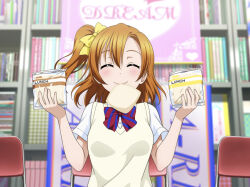 Rule 34 | 1girl, ^ ^, anime coloring, blurry, blurry background, blush, bokeh, book, bookshelf, bow, bowtie, bread, bread slice, breasts, brown sweater vest, chair, closed eyes, closed mouth, clubroom, depth of field, diagonal-striped bow, diagonal-striped bowtie, diagonal-striped clothes, dot nose, dress shirt, facing viewer, folding chair, food, food in mouth, hair bow, hands up, happy, highres, holding, holding food, indoors, kosaka honoka, love live!, love live! school idol festival all stars, love live! school idol project, medium breasts, medium hair, mouth hold, official art, one side up, orange hair, otonokizaka school uniform, red bow, red bowtie, school uniform, shirt, short sleeves, smile, solo, straight-on, striped bow, striped bowtie, striped clothes, summer uniform, sweater vest, toast, toast in mouth, upper body, white shirt, yellow bow