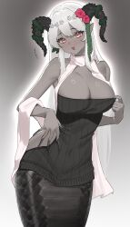1girl absurdres bare_shoulders black_dress breasts cleavage colored_skin commentary_request commission covered_navel dress fingernails flower grey_skin hair_flower hair_ornament highres horns korean_commentary lamia large_breasts long_hair looking_at_viewer monster_girl naga_(arca_live) open_mouth original pointy_ears red_eyes ribbed_dress rose scarf sharp_fingernails short_dress smile solo strapless strapless_dress white_hair