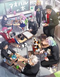 6+boys absurdres aitanso akaza_(kimetsu_no_yaiba) arm_behind_head artist_name bento black_hair blonde_hair blue_hair board can cat cellphone chachamaru_(kimetsu_no_yaiba) chainsaw_man chair classroom coat collared_coat douma_(kimetsu_no_yaiba) dumbbell eating food green_hair hair_ornament highres himejima_gyoumei iguro_obanai jacket kanroji_mitsuri kimetsu_no_yaiba kochou_kanae long_hair long_skirt multicolored_fur multicolored_hair multiple_boys multiple_girls muscular muscular_male on_chair open_clothes open_jacket open_mouth orange_hair pants phone photo_(object) pink_hair poster_(object) rengoku_kyoujurou sandwich scar scar_on_face shinazugawa_sanemi shirt shoes short_hair sitting skirt slice_of_life spiked_hair stuffed_animal stuffed_toy table talking tan teeth tomioka_giyuu tongue track_jacket track_pants track_suit uniform uzui_tengen white_hair