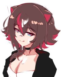 1girl animal_ears archived_source bandaid bandaid_on_face bandaid_on_nose black_choker black_jacket blue_eyes breasts brown_hair choker cleavage closed_mouth colored_tips cum cum_on_body cum_on_breasts cum_on_hair cum_on_upper_body facial hair_between_eyes hair_flaps half-closed_eyes highres indie_virtual_youtuber jacket licking_lips looking_at_viewer medium_breasts medium_hair multicolored_eyes multicolored_hair naughty_face raccoon_ears raccoon_girl rakkun_sutaru red_eyes red_hair shirt sketch slash-ex solo streaked_hair third-party_source tongue tongue_out two-tone_hair virtual_youtuber white_background white_shirt