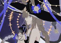 Rule 34 | 1girl, ambience synesthesia, amiya (arknights), amiya (medic) (arknights), amiya (medic) (solo around the world) (arknights), animal ears, arknights, bare shoulders, black gloves, black hat, blue bow, bow, braid, brown hair, chinese commentary, commentary request, ears through headwear, film grain, frilled hat, frills, gloves, grey eyes, hat, highres, jewelry, long hair, looking at viewer, multiple rings, official alternate costume, parted lips, profile, ring, single glove, solo, upper body, witch hat, xuezixiansheng