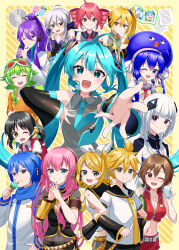 3boys 6+girls :3 absurdres ahoge alcohol backpack bag belt black_hair blonde_hair blue_eyes blue_hair bottle bow breasts brown_eyes brown_hair cd cellphone cevio cleavage closed_eyes coat collared_shirt crop_top cup detached_sleeves drill_hair flip_phone flute food goggles goggles_on_head green_hair grey_hair gumi hachune_miku hair_bobbles hair_bow hair_ornament hair_stick hairclip hand_on_own_chest hand_on_own_hip hat hatsune_miku headphones headset highres holding holding_bottle holding_cup holding_ice_cream_cone holding_phone ice_cream ice_cream_cone index_finger_raised instrument jitome kaai_yuki kafu_(cevio) kagamine_len kagamine_rin kaito_(vocaloid) kamui_gakupo kasane_teto kasane_teto_(utau) licking locked_arms long_hair long_sleeves low_twintails megurine_luka meiko_(vocaloid) midriff multiple_boys multiple_girls nail_polish navel neckerchief necktie one_eye_closed open_mouth otomachi_una outstretched_arm own_hands_together phone pink_hair purple_hair randoseru reaching reaching_towards_viewer recorder red_eyes sailor_collar scarf shirt short_hair short_hair_with_long_locks short_sleeves side_ponytail single_detached_sleeve skirt sleeveless sleeveless_shirt smile stuffed_carrot tatyaoekaki tongue tongue_out twin_drills twintails utau very_long_hair vocaloid white_hair yellow_eyes