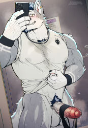1boy absurdres bara biceps bk_mita blue_hair blush chest_tuft dog_boy door earrings facial_hair furry furry_male goatee highres holding holding_phone jewelry large_pectorals male_focus mirror_selfie mohawk muscular muscular_male necklace nipples notched_ear original pectorals penis phone precum pubic_hair see-through_clothes single_earring solo sweat sweat_stain tank_top veins veiny_arms veiny_penis white_tank_top yellow_eyes