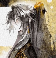 Rule 34 | 1boy, adam&#039;s apple, black hair, black hanbok, chinese clothes, closed mouth, earrings, falling shark, from side, gold earrings, hair tie, half updo, hanbok, hanfu, high ponytail, jewelry, jinhongi, korean clothes, korean commentary, long hair, looking down, male focus, painting (medium), ponytail, solo, traditional media, watercolor (medium), yellow eyes, zaha, zhijupao