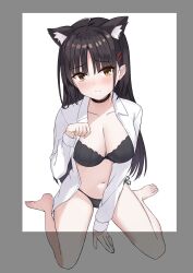 Rule 34 | 1girl, absurdres, animal ear fluff, animal ears, azunyan, barefoot, between legs, black bra, black choker, black hair, black panties, blush, border, bra, breasts, cafe stella to shinigami no chou, cat ears, cat girl, choker, cleavage, closed mouth, collarbone, collared shirt, commentary request, earrings, eyelashes, eyes visible through hair, full body, grey border, hair behind ear, hair between eyes, hair ornament, hairclip, hand between legs, hand up, highres, jewelry, kemonomimi mode, large breasts, long hair, long sleeves, looking at viewer, mole, mole under eye, navel, open clothes, open shirt, panties, parallel hairclips, paw pose, shiki natsume, shirt, shy, side-tie panties, simple background, sitting, solo, split mouth, straight hair, stud earrings, thighs, underwear, very long hair, wariza, white background, white shirt, yellow eyes