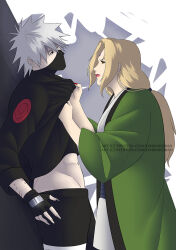 Rule 34 | 1boy, 1girl, abs, blonde hair, clothes grab, dark4kuran, fingerless gloves, gloves, grey hair, hatake kakashi, looking at another, mask, mouth mask, naruto (series), navel, short hair, sweatdrop, toned, toned male, tsunade (naruto)