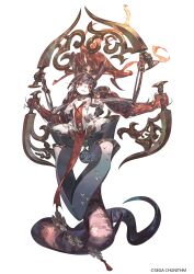 1girl absurdres black_sclera breasts chunithm colored_sclera colored_skin covered_navel extra_arms fang grey_skin hair_rings highres honou_no_seirei_(chunithm) lamia monster_girl official_art pelvic_curtain short_hair simple_background slit_pupils small_breasts so-taro solo tassel white_background