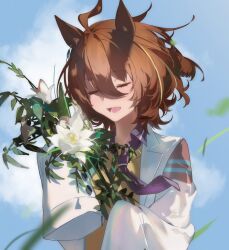 Rule 34 | 1girl, absurdres, acercc, agnes tachyon (umamusume), ahoge, animal ears, blue necktie, blue shirt, bouquet, brown hair, closed eyes, collared shirt, earrings, flower, flower request, highres, holding, holding bouquet, horse ears, horse girl, jewelry, lab coat, light blush, medium hair, messy hair, necktie, open mouth, shirt, sidelocks, single earring, sky, sleeves past fingers, sleeves past wrists, solo, sweater vest, umamusume, upper body, white flower, yellow sweater vest