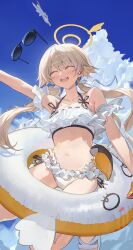 1girl absurdres bikini blue_archive blue_sky closed_eyes cloud day frilled_bikini frills halo hifumi_(blue_archive) hifumi_(swimsuit)_(blue_archive) highres innertube light_brown_hair low_twintails navel official_alternate_costume open_mouth outdoors ribbon-trimmed_bikini ribbon-trimmed_swimsuit ribbon_trim side-tie_bikini_bottom sky solo starshell sunglasses swim_ring swimsuit teeth twintails upper_teeth_only white_bikini winged_halo yellow_halo