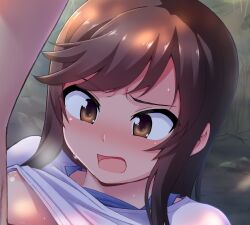 1girl areola_slip blush brown_eyes brown_hair geewhy gym_uniform ichijou_hotaru long_hair non_non_biyori open_mouth out-of-frame_censoring shirt solo spread_legs sweat white_shirt