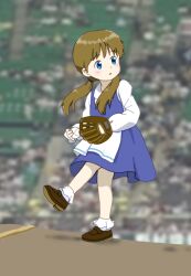 1girl ball baseball baseball_(object) baseball_glove baseball_stadium blue_dress blue_eyes blurry blurry_background bokeh brown_hair brown_shoes collared_shirt depth_of_field dress frilled_socks frills from_side holding holding_ball leg_up long_hair long_sleeves looking_ahead looking_to_the_side low_twintails open_mouth original pinafore_dress pitching pitching_mound shirt shoes sleeveless sleeveless_dress socks solo standing standing_on_one_leg twintails white_shirt white_socks zatsu_(zasshu_neko)