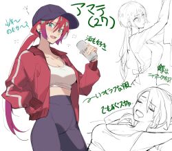 Rule 34 | 1girl, aged up, alcohol, amate yuzuriha, apron, aqua eyes, beer, beer can, breasts, can, closed mouth, crop top, drink can, drunk, gundam, gundam gquuuuuux, highres, holding, holding can, jacket, kisaragi shokuin, long sleeves, looking at viewer, midriff, open mouth, pants, red hair, shirt, simple background, sleepy, solo, sportswear, stomach, tank top, white background