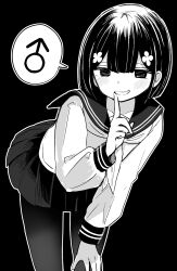 1boy black_background blush check_commentary commentary_request crossdressing crossdressing_(mtf) finger_to_mouth flower hair_flower hair_ornament hand_on_own_thigh highres leaning_forward long_sleeves mars_symbol miniskirt original pantyhose pleated_skirt ribbon school_uniform serafuku short_hair simple_background skirt smile smug speech_bubble teeth trap vae
