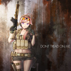 1girl ahoge assault_rifle backpack bag belt eyewear_on_head female_focus flashlight gloves gun headset holster kws load_bearing_vest m4_carbine midriff military_operator navel original pink_hair pouch purple_eyes radio rifle safety_glasses short_shorts shorts smile solo sunglasses tank_top thigh_holster tinted_eyewear weapon yellow-tinted_eyewear