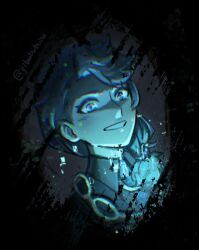 Rule 34 | 1boy, black border, blue necktie, border, collared shirt, commentary request, grey background, grey shirt, grin, hair ornament, jacket, long hair, male focus, necktie, nintendo, pokemon, pokemon (anime), pokemon horizons, shirt, smile, solo, spinel (pokemon), teeth, twitter username, watermark, yibuzhai