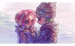 1boy 1girl agent_3_(splatoon) agent_8_(splatoon) breath brown_headwear brown_scarf commentary eye_contact green_hair gucandiyi52092 hands_on_another&#039;s_shoulders highres inkling inkling_boy inkling_player_character knit_hat letterboxed long_sleeves looking_at_another medium_hair nintendo octoling octoling_boy octoling_girl octoling_player_character purple_eyes purple_scarf red_hair scarf short_hair snowflakes splatoon_(series) suction_cups symbol-only_commentary tentacle_hair yellow_eyes