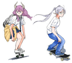 Rule 34 | 2girls, aura (sousou no frieren), backpack, bag, blue eyes, blue shoes, blue skirt, braid, cardigan, cardigan around waist, casual, clothes around waist, collared shirt, commentary, contemporary, demon girl, demon horns, denim, diagonal-striped clothes, diagonal-striped necktie, earrings, elf, frieren, from side, full body, holding, holding bag, horns, jeans, jewelry, long hair, long pointy ears, multiple girls, mutsu (layergreen), necktie, pants, parted bangs, pointy ears, purple hair, quad braids, school uniform, shirt, shoes, side braids, simple background, skateboard, skateboarding, skirt, sleeves rolled up, slouching, sneakers, sousou no frieren, striped clothes, t-shirt, twintails, white background, white hair, white shirt, white shoes, wind, yellow cardigan