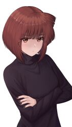 1girl aizawa_eiko black_nails black_sweater blunt_bangs blush brown_eyes brown_hair closed_mouth crossed_arms highres kurumimi_birb looking_at_viewer shinryaku!_ikamusume short_hair simple_background solo sweater turtleneck turtleneck_sweater twitter_username upper_body white_background