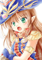 1girl akihara_ryou breasts brown_hair green_eyes hat irina_bondarchuk iris_mysteria! long_hair pointy_ears small_breasts solo