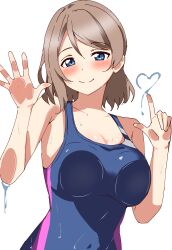 1girl blue_eyes breasts brown_hair cleavage competition_swimsuit covered_navel grey_hair heart large_breasts love_live! love_live!_sunshine!! one-piece_swimsuit short_hair smile solo swimsuit watanabe_you