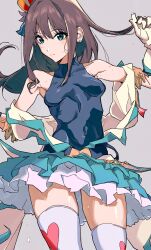1girl absurdres arm_up bare_shoulders bloom_into_me15 breasts brown_hair closed_mouth covered_navel cowboy_shot gloves green_eyes grey_background hat highres idolmaster idolmaster_cinderella_girls long_hair looking_at_viewer shibuya_rin simple_background skirt sleeveless sleeveless_turtleneck smile solo standing sweat thighhighs turtleneck white_gloves white_thighhighs