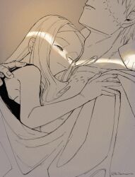 1boy 1girl black_tank_top blanket closed_mouth crack_of_light eyes_out_of_frame franken_stein_(soul_eater) girl_on_top half-closed_eye head_out_of_frame hetero highres hissiu long_hair lying lying_on_person marie_mjolnir monochrome on_back one_eye_closed parted_lips short_hair sleeping smile soul_eater stitched_chest stitched_face stitches tank_top topless_male