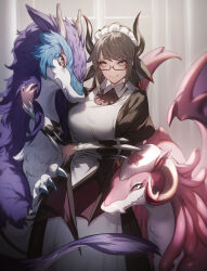 3girls apron black_hair breasts closed_mouth dragon dragon_girl dragon_horns dragon_tail dragon_wings dragonmaid_ernus dragonmaid_nudyarl dress duel_monster genyaky glasses highres horns house_dragonmaid large_breasts laundry_dragonmaid long_sleeves maid maid_apron maid_headdress multiple_girls nurse_dragonmaid pink_eyes puffy_long_sleeves puffy_sleeves short_hair smile tail wings yellow_eyes yu-gi-oh!