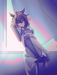 1girl absurdres agnes_tachyon_(umamusume) ahoge animal_ears bandaged_leg bandages black_thighhighs bow bowtie breasts brown_hair closed_mouth curtains floating_curtains hair_between_eyes highres horse_ears horse_girl horse_tail huge_ahoge injury knees_up lab_coat long_sleeves looking_at_viewer medium_breasts medium_hair no_shoes on_chair plus_ta purple_shirt purple_thighhighs red_eyes school_uniform shirt single_thighhigh sitting sleeves_past_fingers sleeves_past_wrists smile solo swivel_chair tail thighhighs thighs tracen_school_uniform umamusume white_bow white_bowtie window