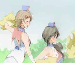2girls 86thunder alternate_costume band_uniform blonde_hair blush brown_hair closed_eyes closed_mouth green_eyes green_hair hair_ornament hairclip hat hibike!_euphonium holding holding_pom_poms katou_hazuki kitamura_raina long_hair marching_band multiple_girls official_alternate_costume open_mouth outdoors pom_pom_(cheerleading) pom_poms ponytail shirt short_hair skirt sleeveless smile upper_body white_shirt white_skirt
