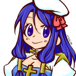 1girl arch_bishop_(ragnarok_online) blue_dress blue_hair bow breasts cleavage cleavage_cutout closed_mouth clothing_cutout commentary_request cross dress hat hat_bow juliet_sleeves long_hair long_sleeves looking_at_viewer lowres medium_breasts puffy_sleeves purple_eyes ragnarok_online red_bow shirohige simple_background smile solo two-tone_dress upper_body white_background white_dress white_hat